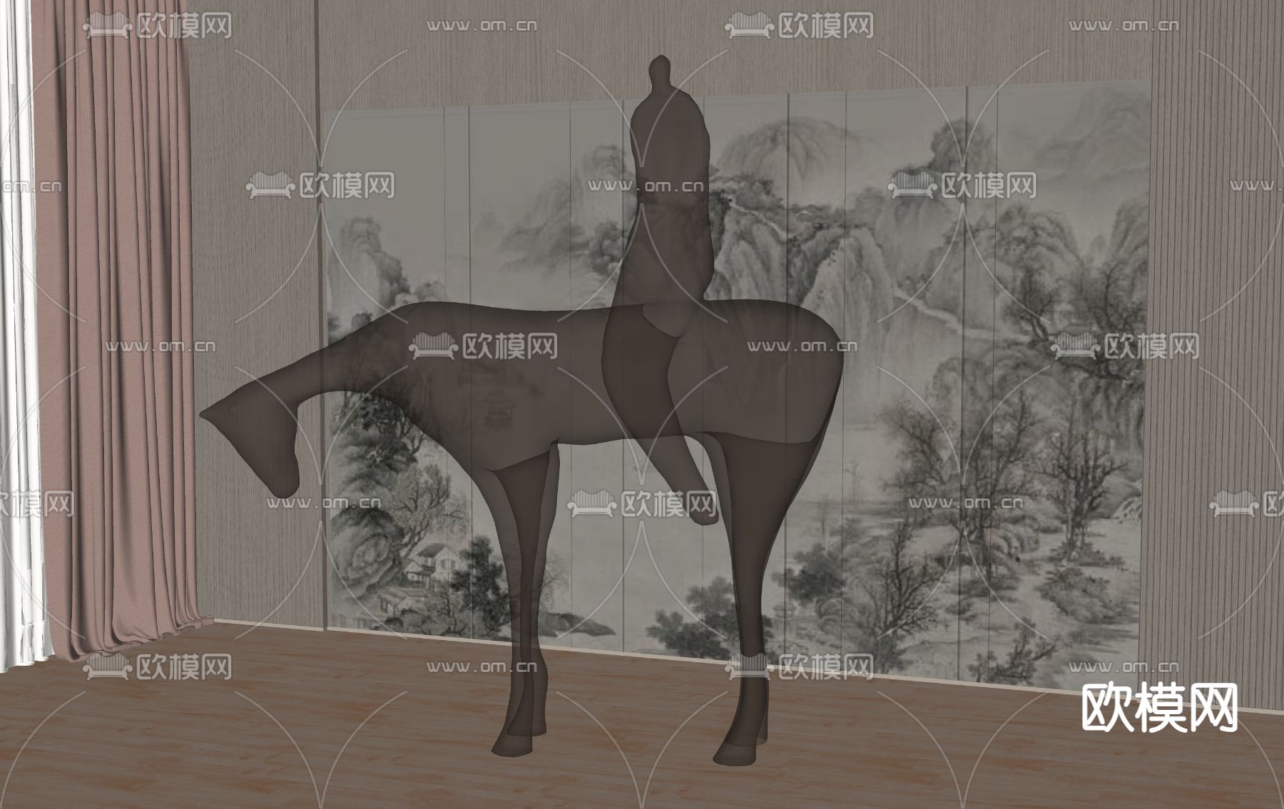 新中式雕塑摆件su模型下载（渲染图2）