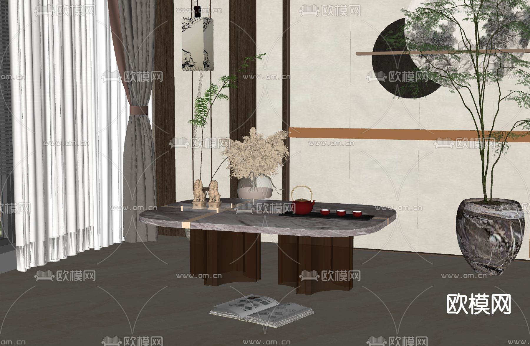 新中式茶几su模型下载（渲染图2）