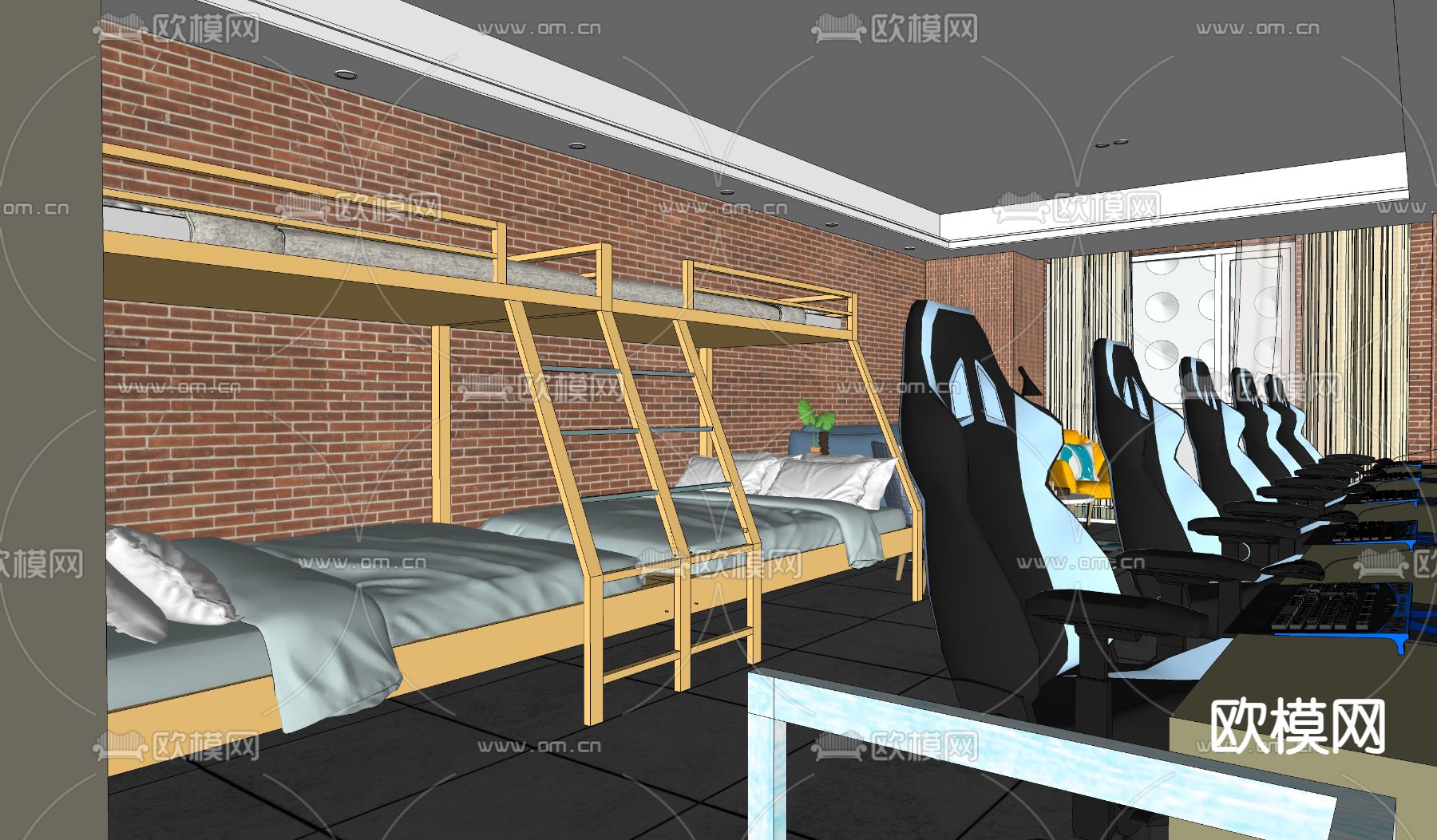 工业风电竞酒店su模型下载（渲染图3）