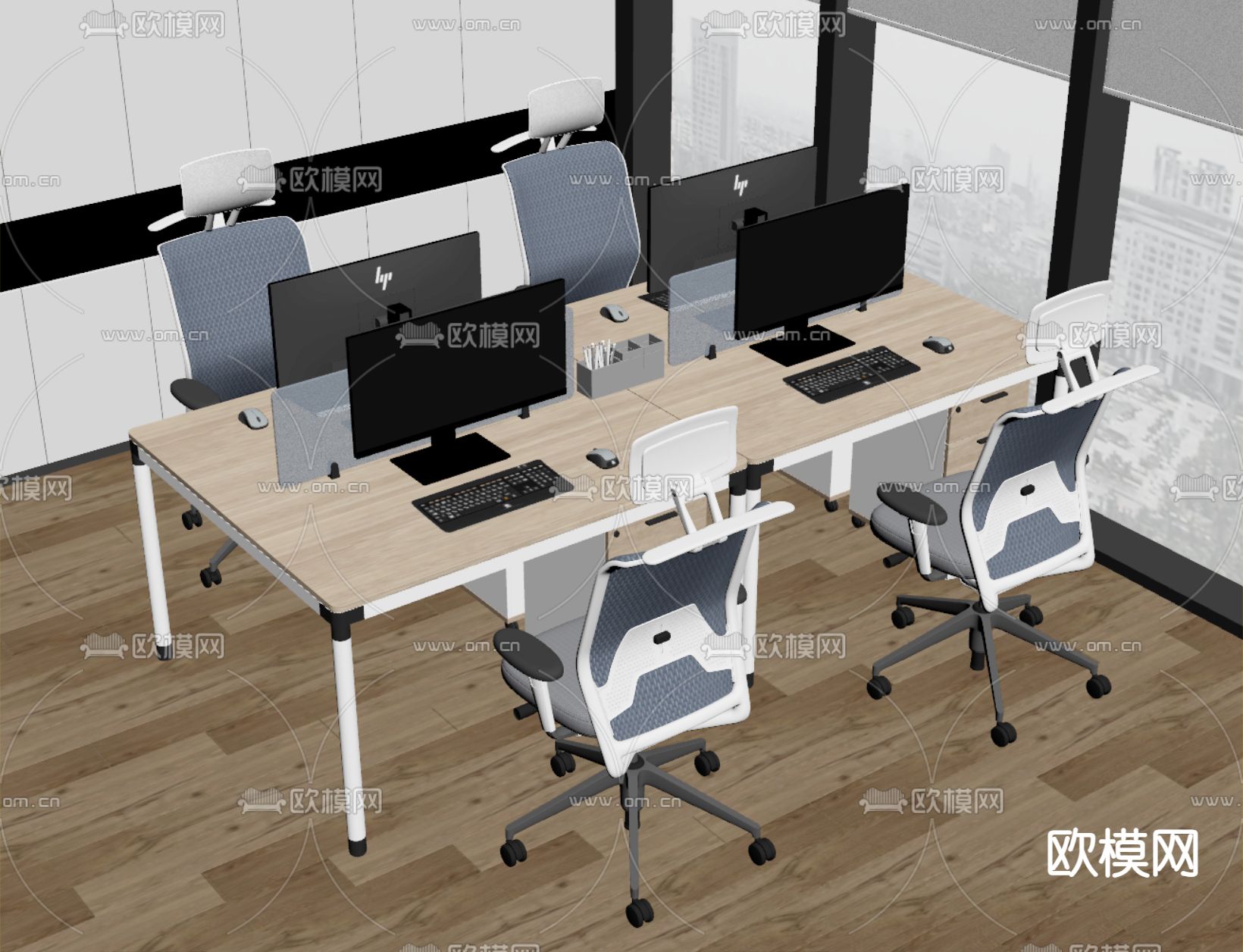 办公桌椅 屏风卡位su模型下载（渲染图2）