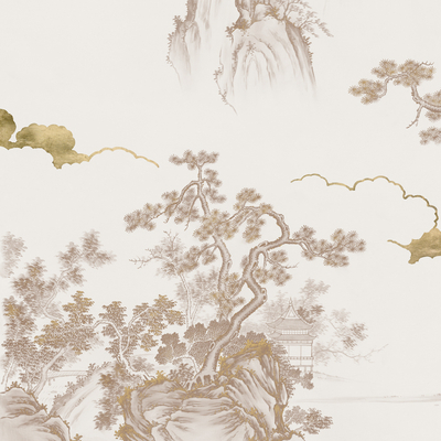  玄关 山水 松树 水墨 金箔 