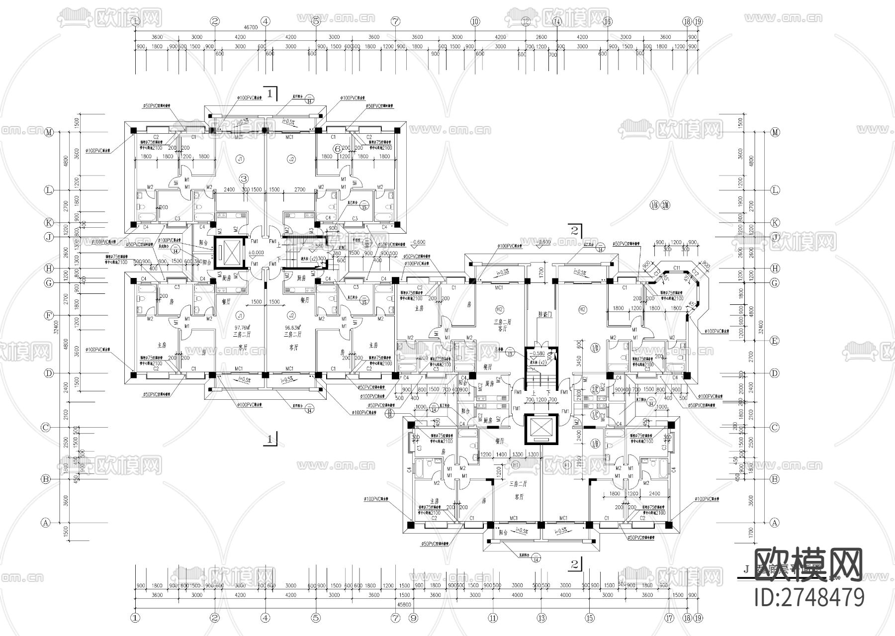 十二层一梯四户小高层建筑cad施工图下载（渲染图4）