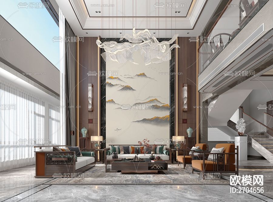 玄关 山水 水墨 金山 船下载（渲染图1）