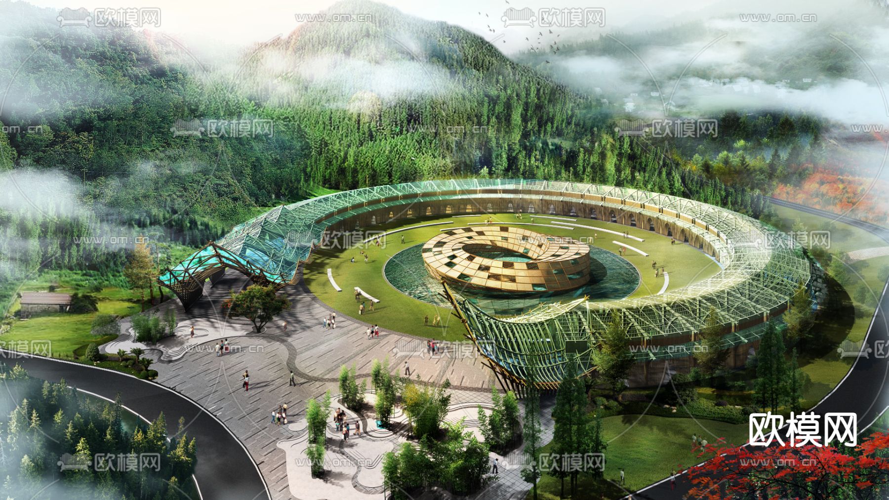 现代景观长廊su模型下载（渲染图1）