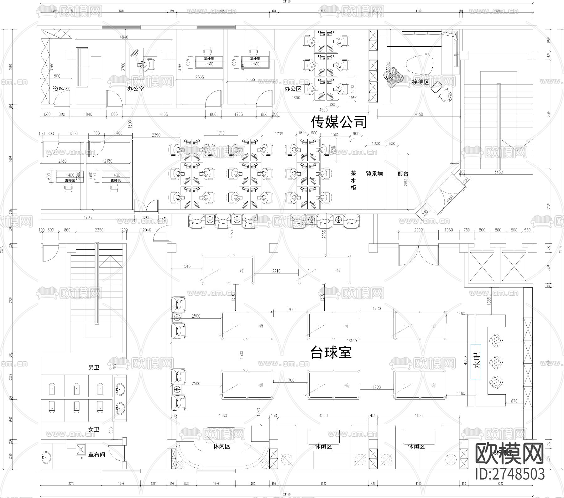 现代传媒公司台球厅布局图cad施工图下载