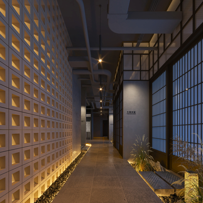  侘寂风茶馆 过道su模型 