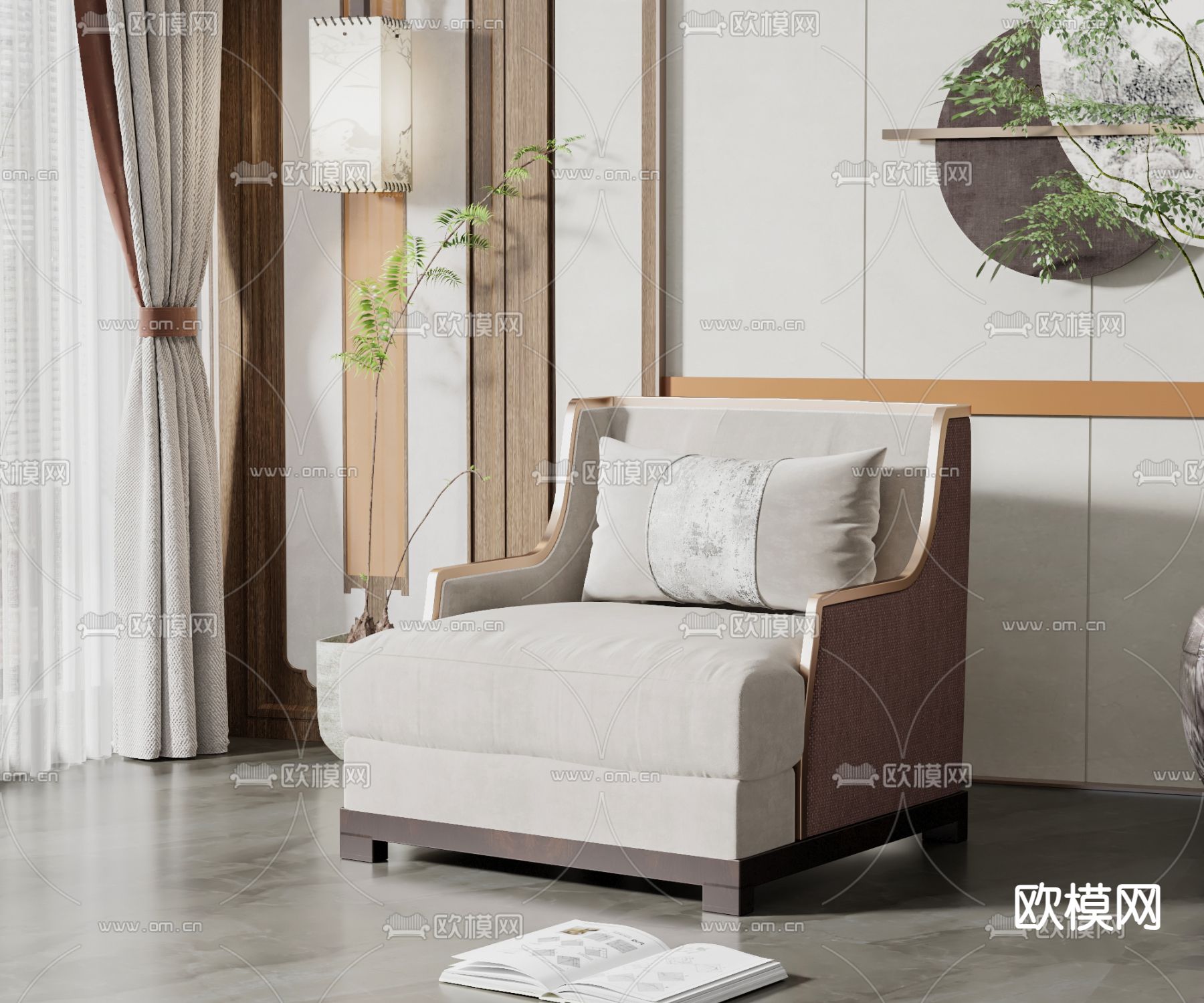 新中式单人沙发su模型下载（渲染图1）