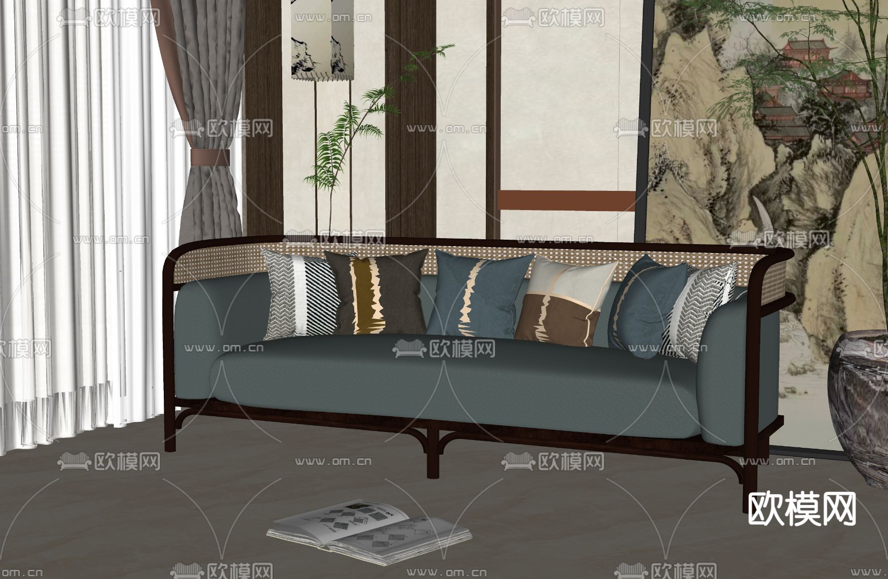 新中式多人沙发su模型下载（渲染图2）