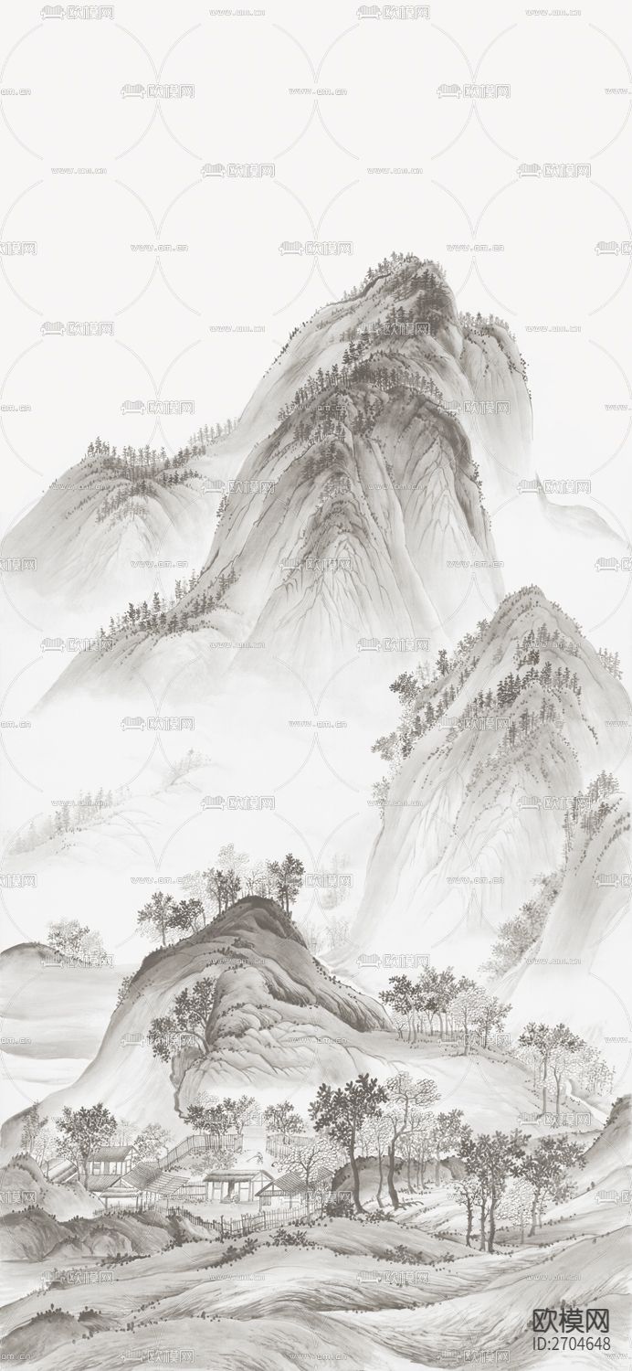 玄关 山水 水墨 手绘 意境下载（渲染图1）