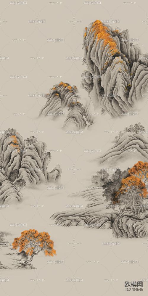 玄关 山水 金箔 水墨下载（渲染图5）