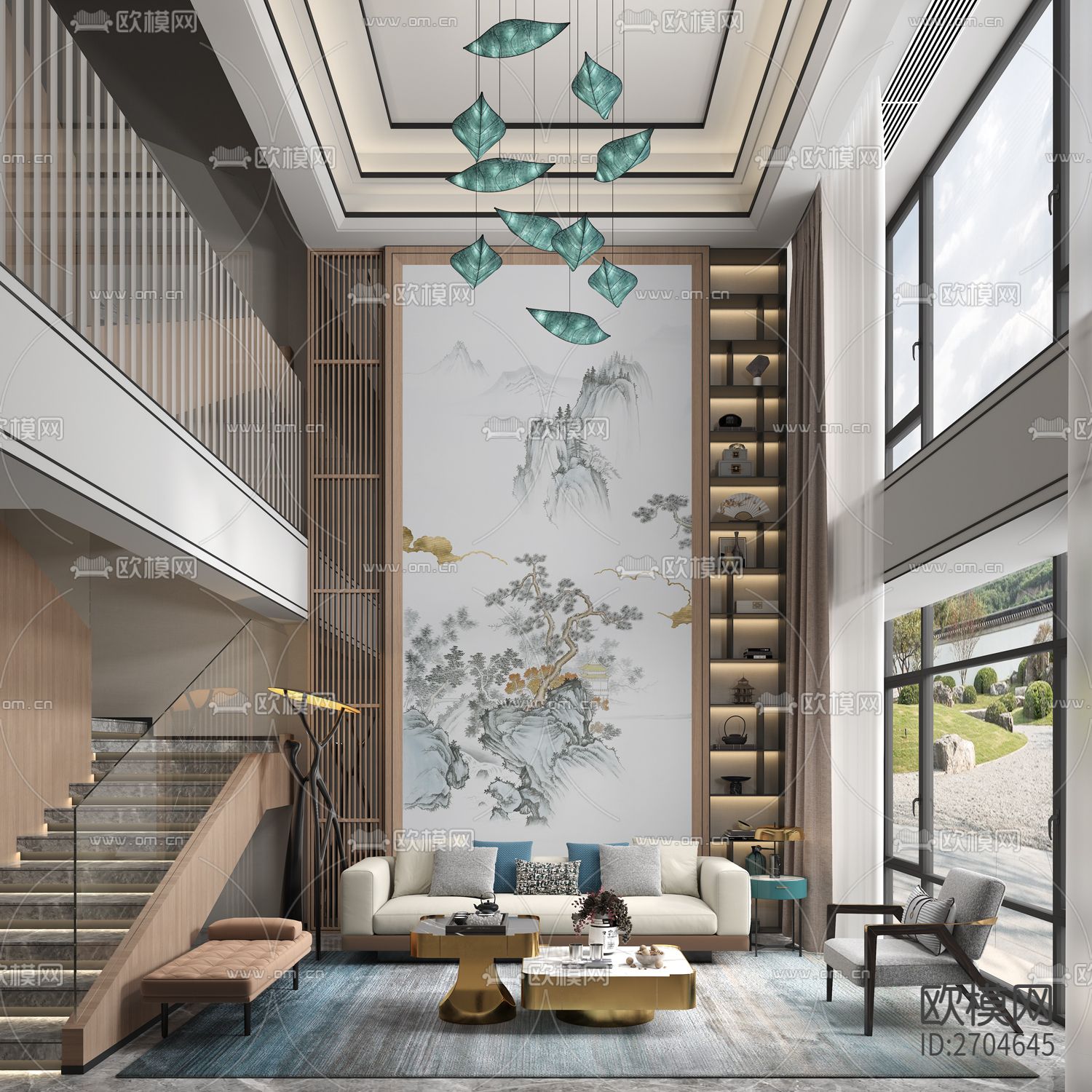 玄关 山水 松树 水墨 金箔下载（渲染图5）