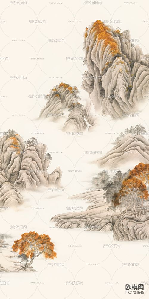 玄关 山水 金箔 水墨下载（渲染图2）