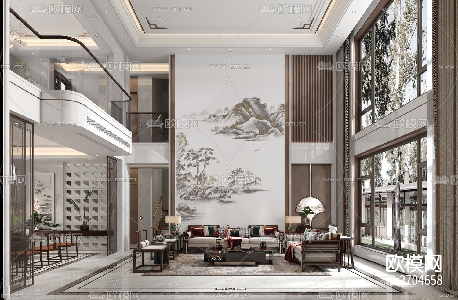 玄关 山水 松树 金箔 水墨下载（渲染图3）