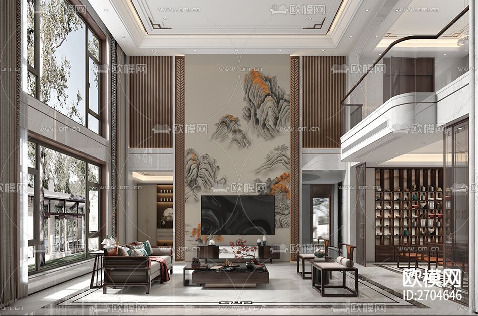 玄关 山水 金箔 水墨下载（渲染图4）