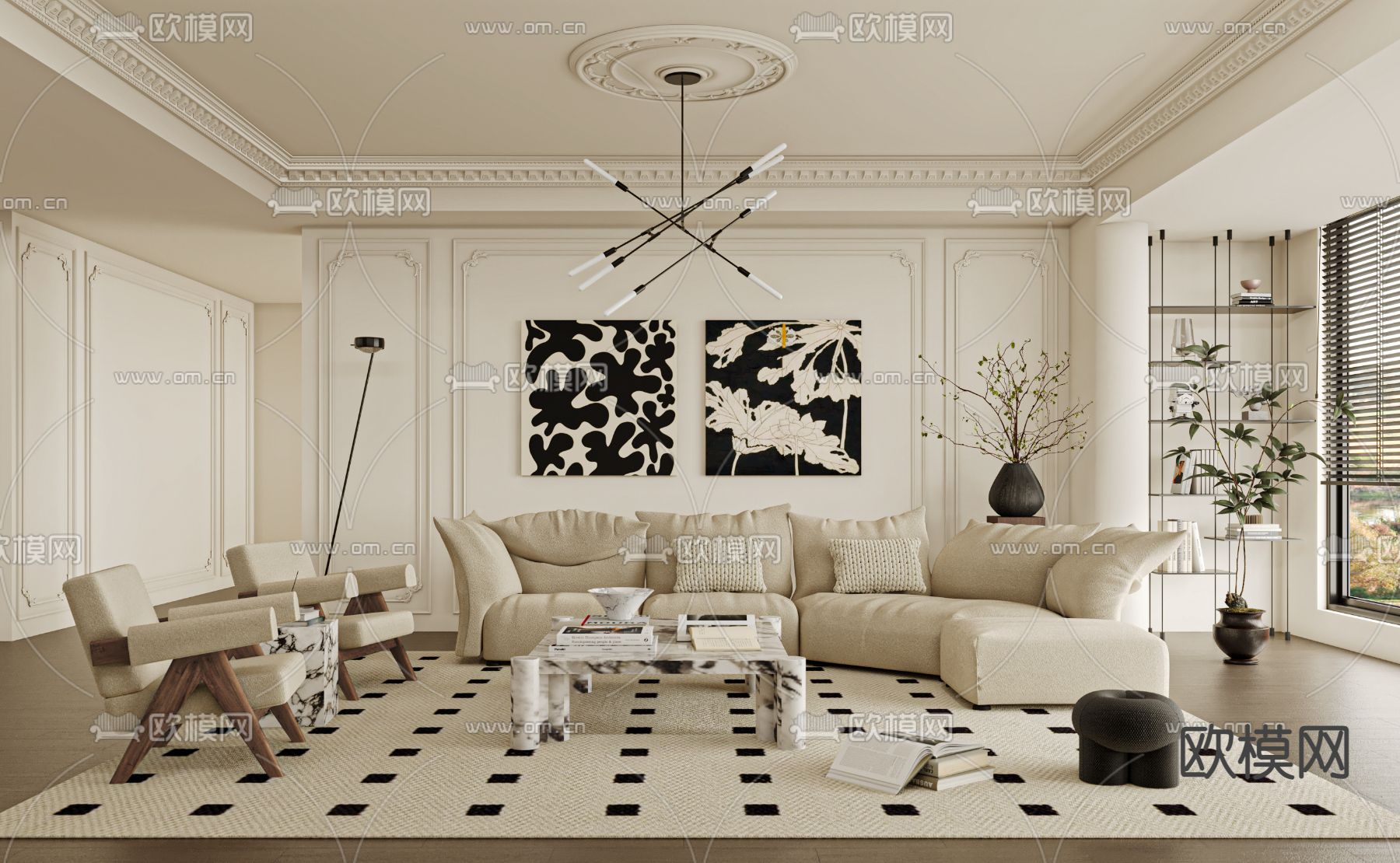 法式客厅3d模型下载（渲染图2）