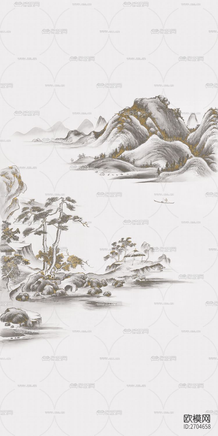 玄关 山水 松树 金箔 水墨下载（渲染图1）