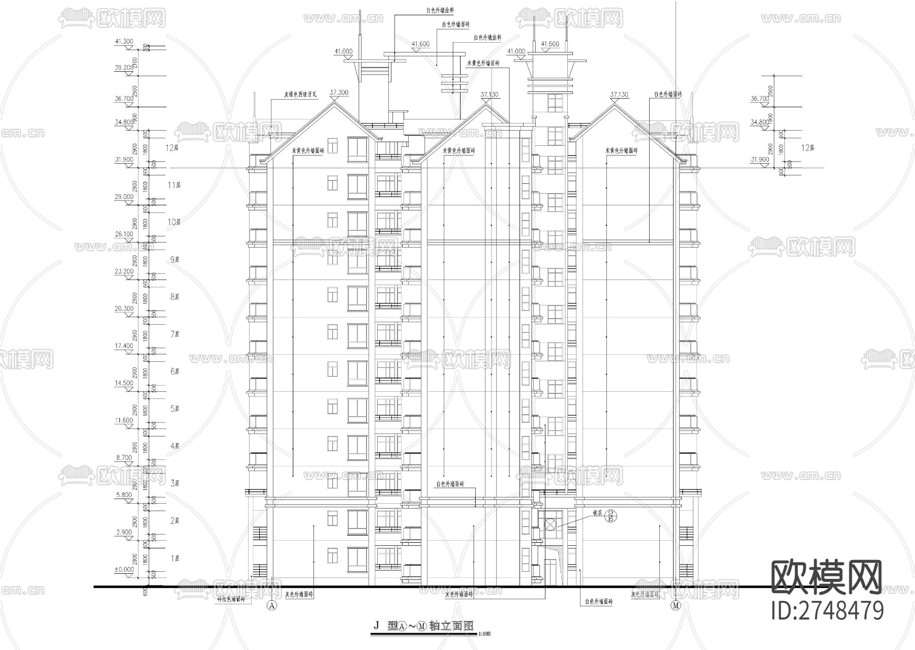 十二层一梯四户小高层建筑cad施工图下载（渲染图6）