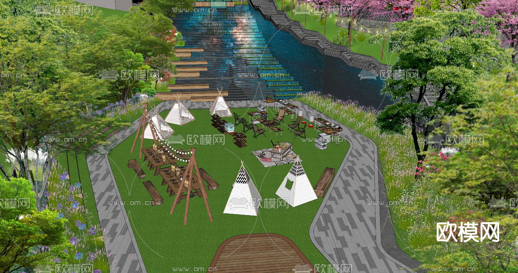 露营场地  网红阶梯su模型下载（渲染图3）