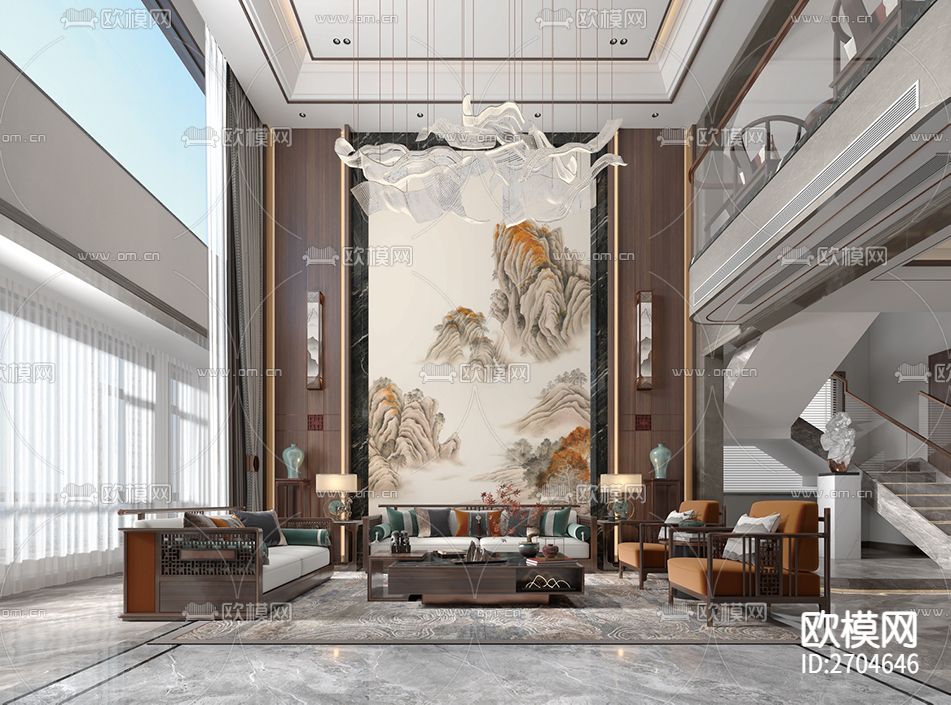 玄关 山水 金箔 水墨下载（渲染图1）