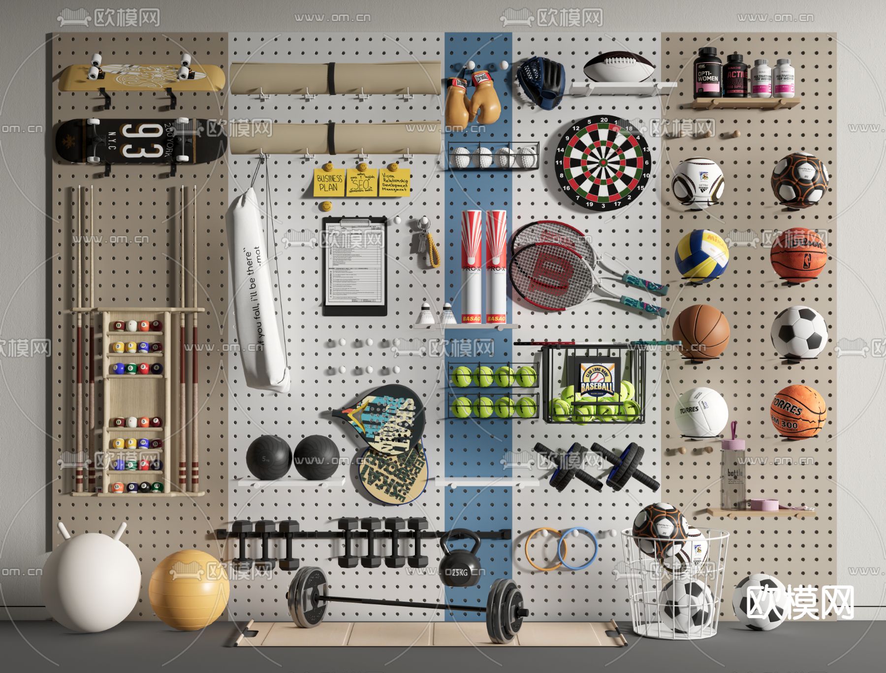 体育器械 滑板 哑铃 足球3d模型下载