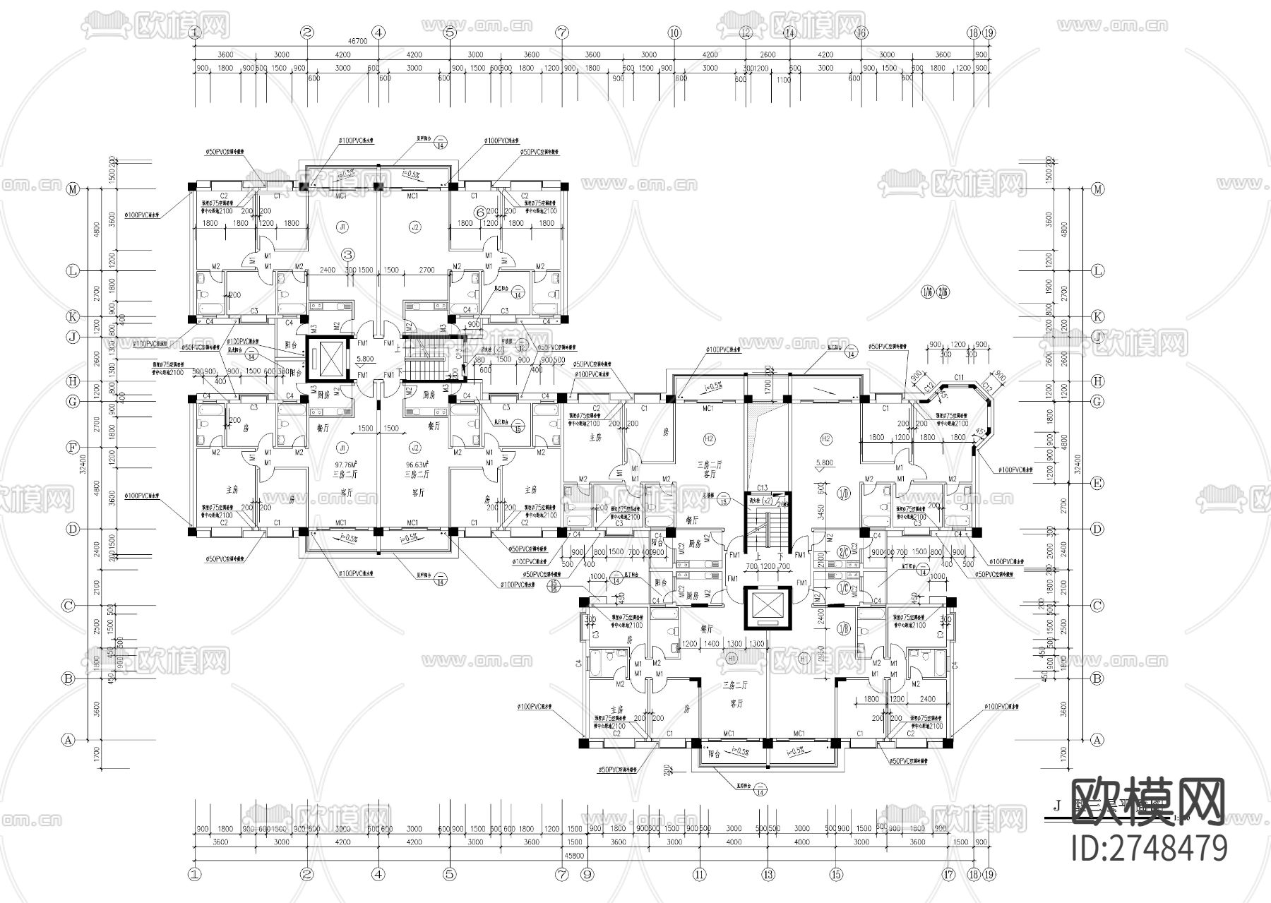 十二层一梯四户小高层建筑cad施工图下载（渲染图3）