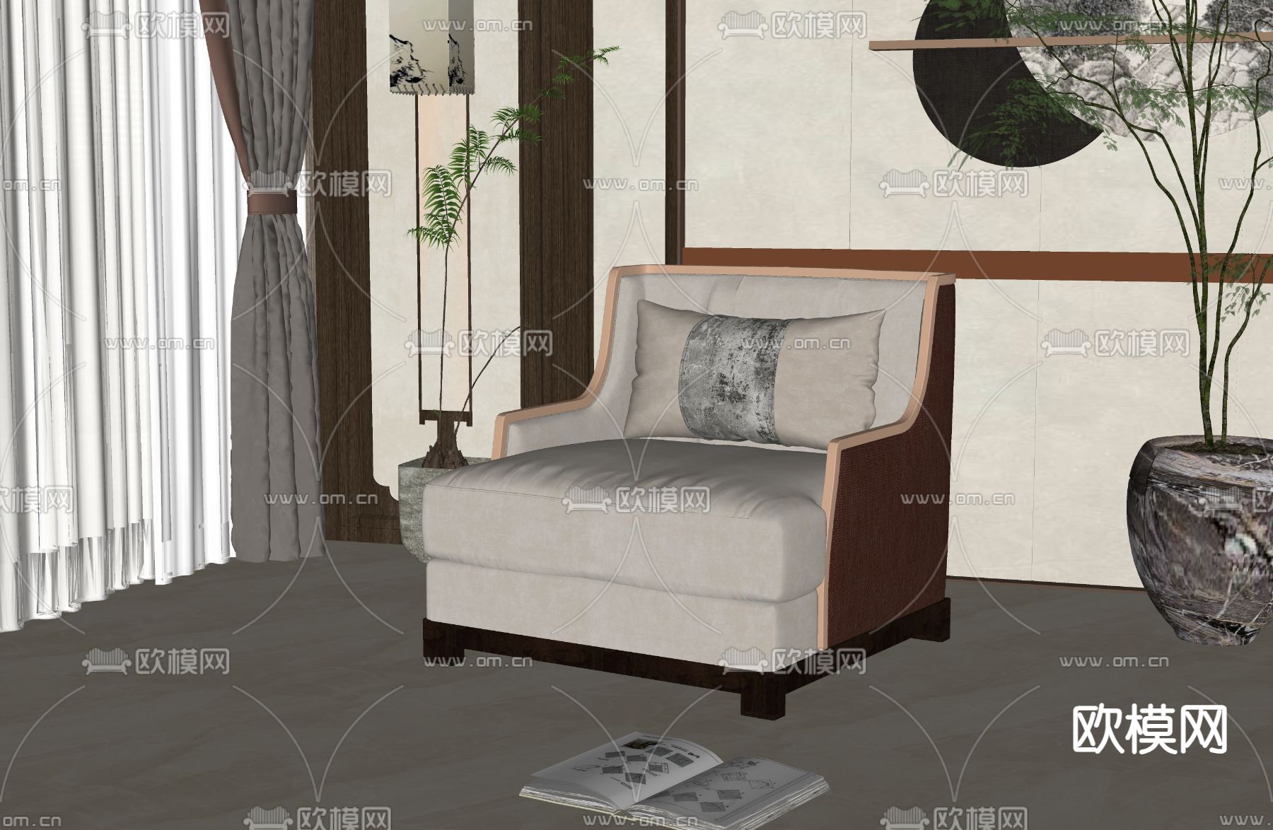 新中式单人沙发su模型下载（渲染图2）