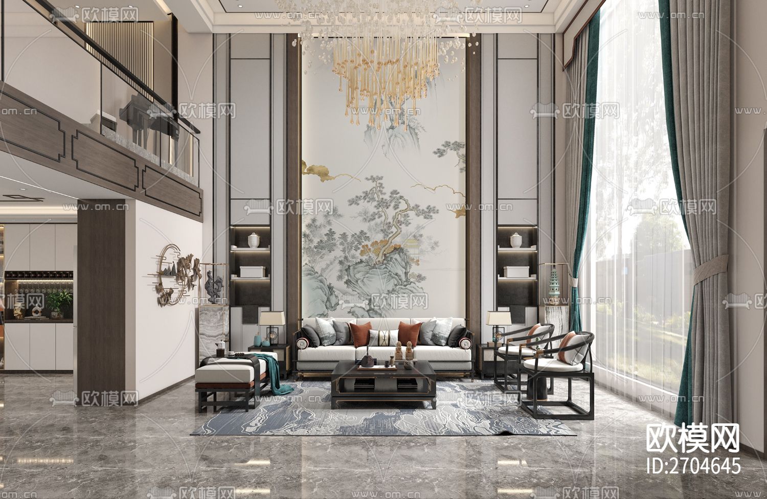 玄关 山水 松树 水墨 金箔下载（渲染图6）