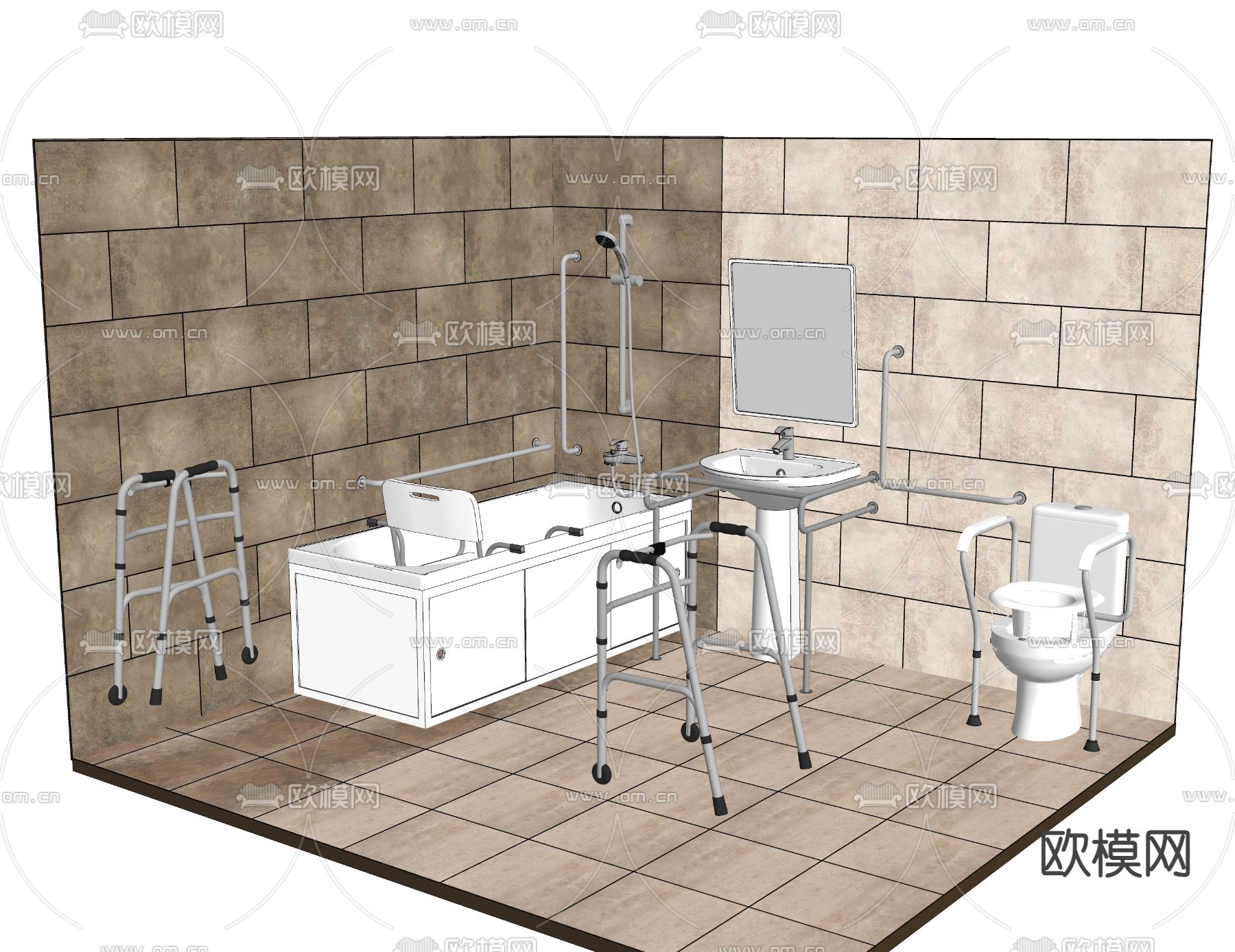 无障碍卫生间su模型下载（渲染图2）