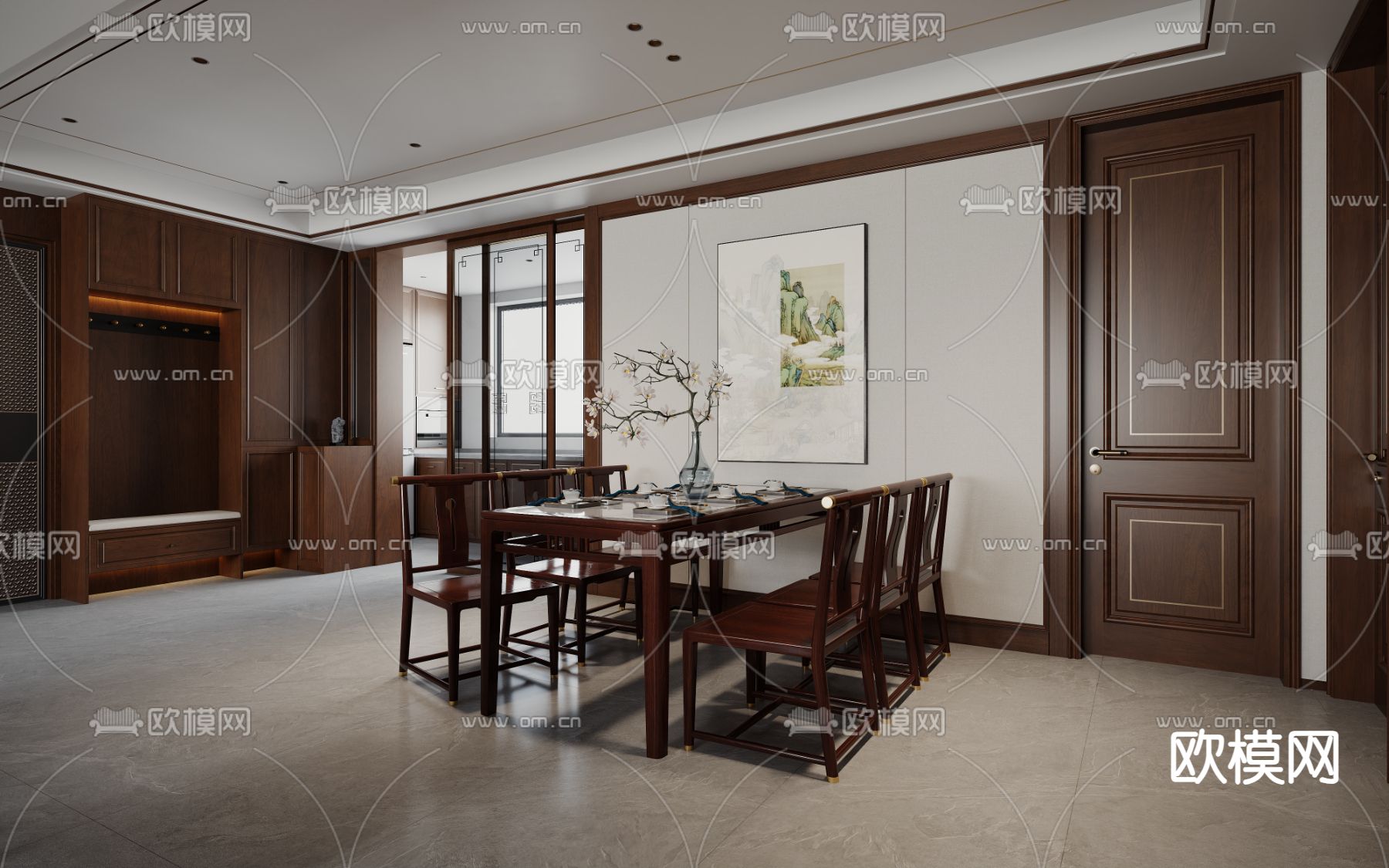 中式客餐厅3d模型下载（渲染图2）