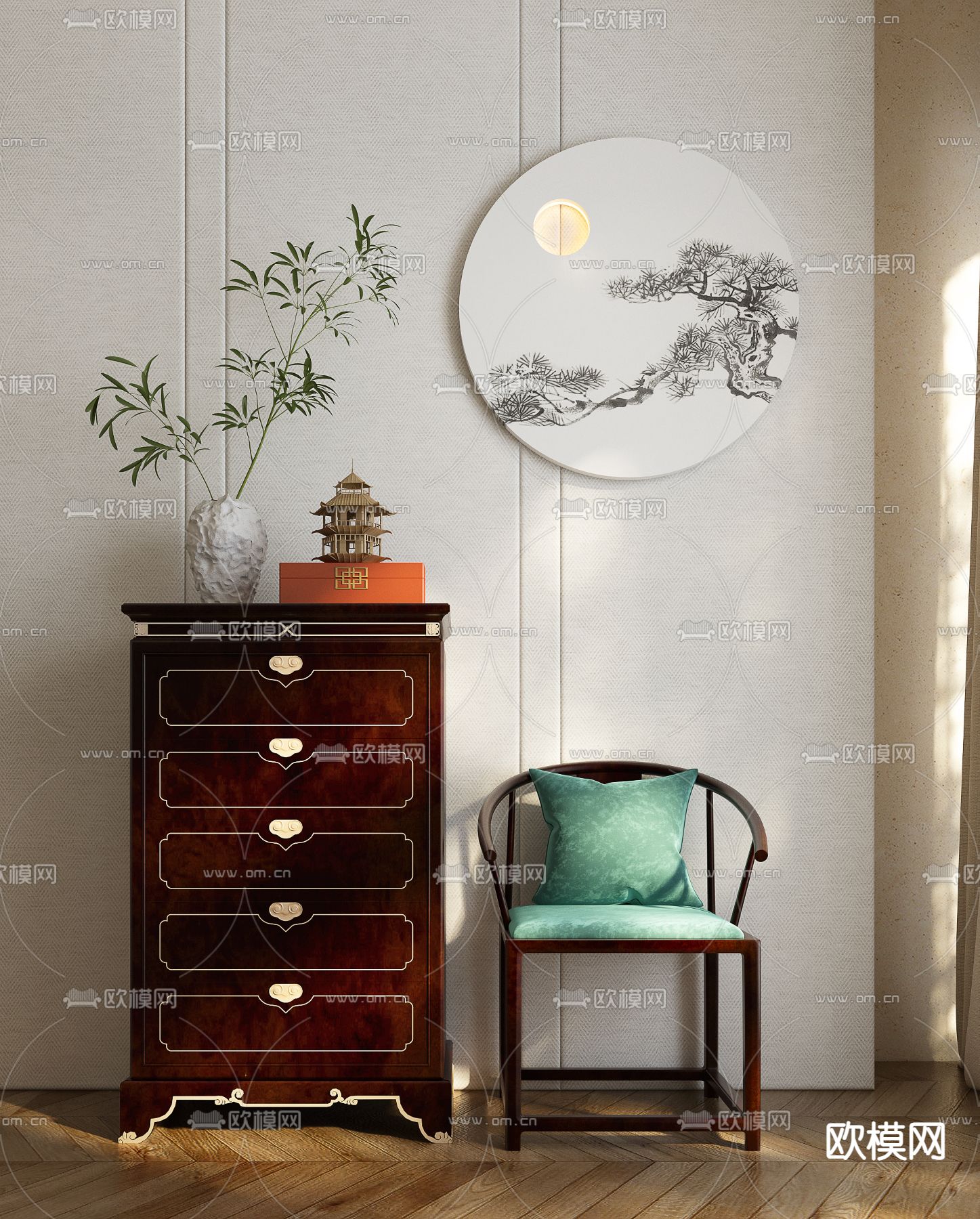 新中式边柜 五斗柜3d模型下载