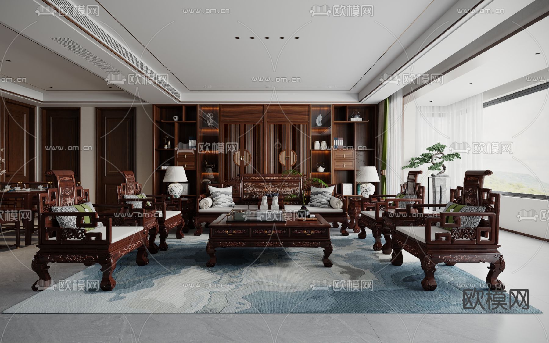 中式客餐厅3d模型下载（渲染图1）