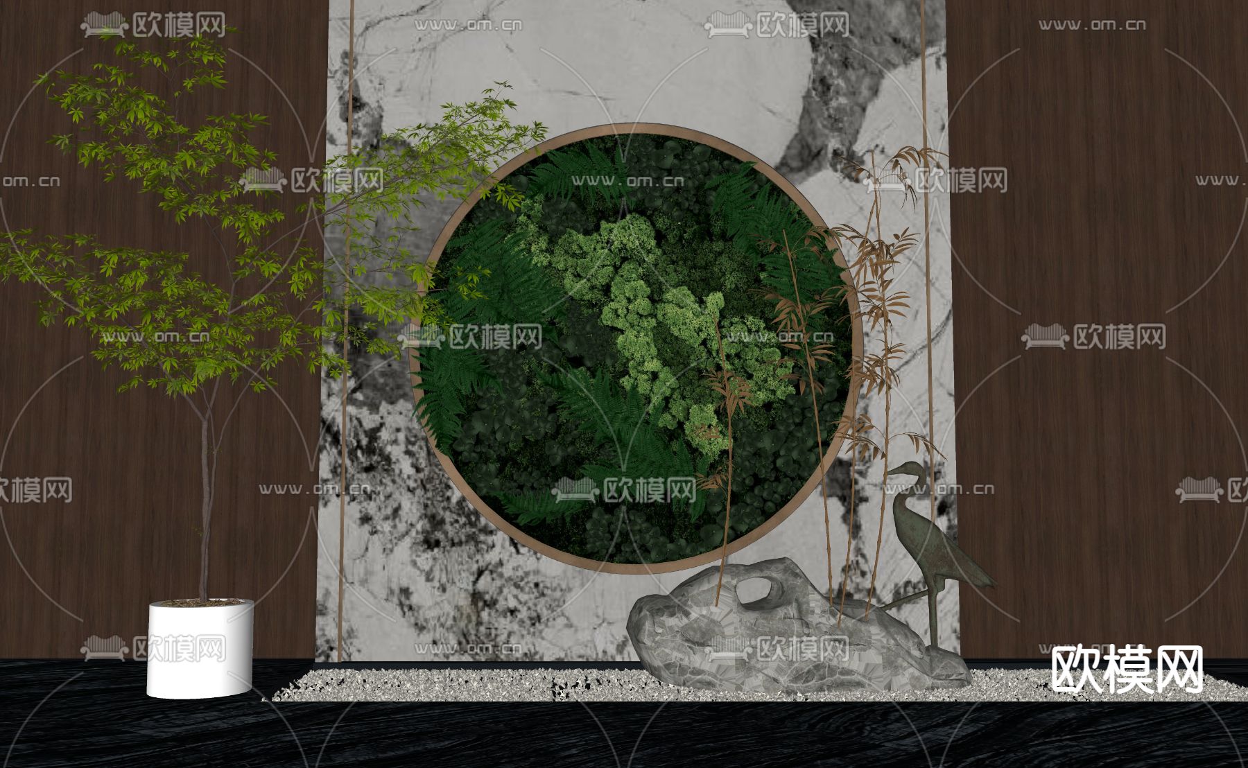 新中式植物墙su模型下载（渲染图2）