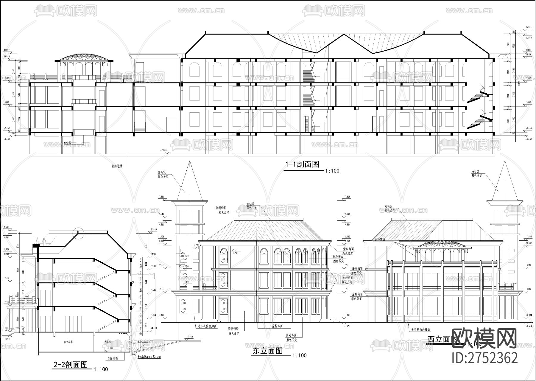 小区三层S形会所全套建筑cad施工图下载（渲染图8）