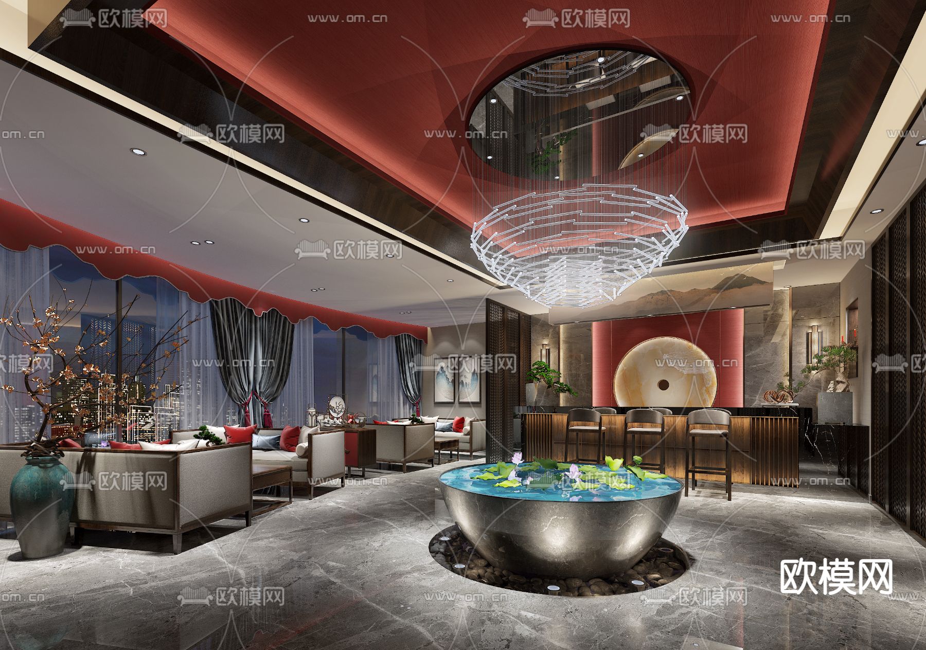 新中式大堂吧3d模型下载