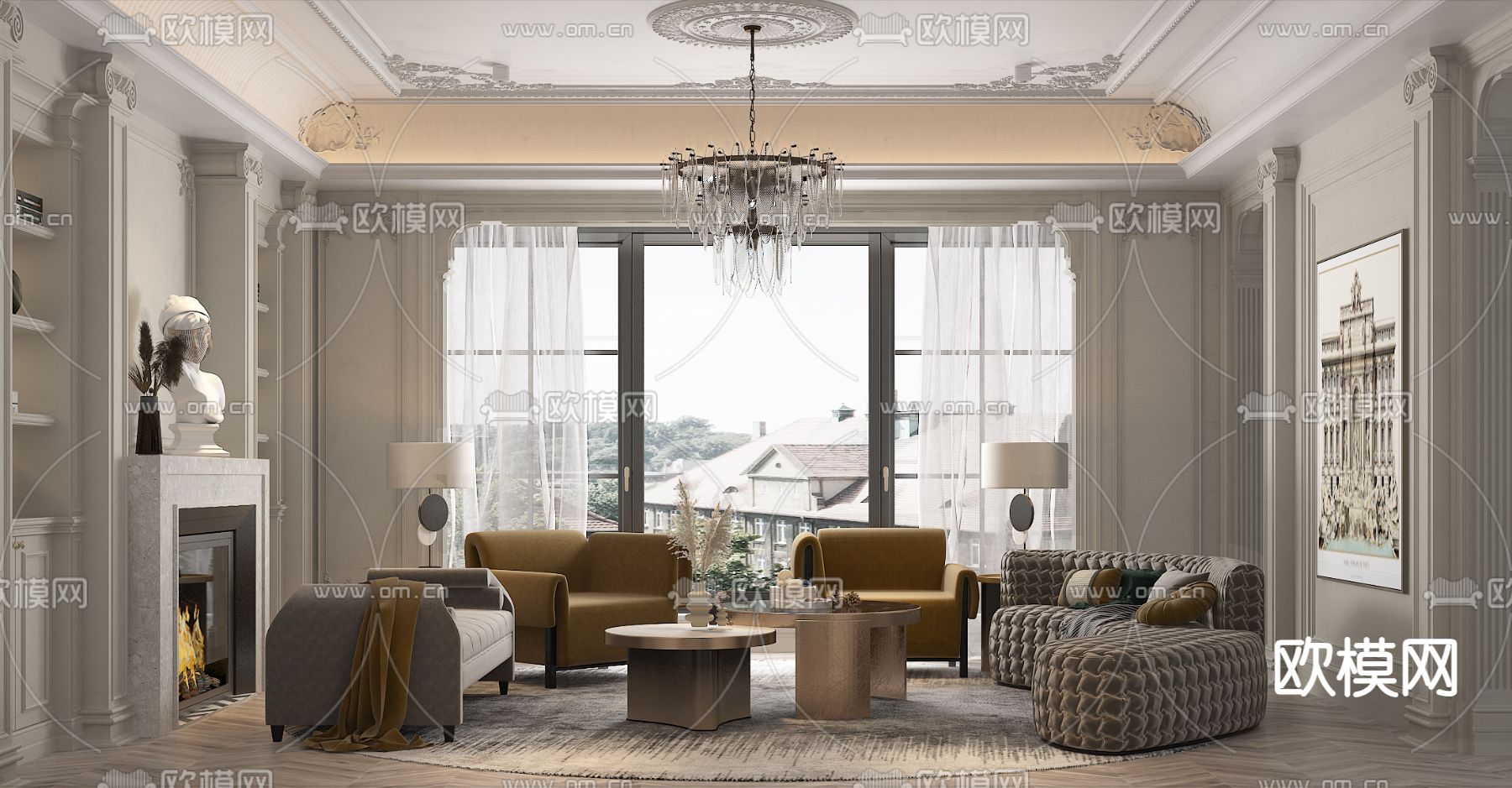 法式客厅su模型下载（渲染图1）
