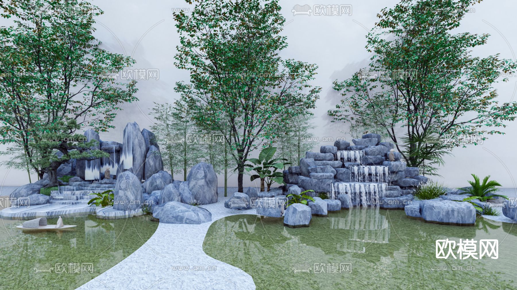 新中式假山石头 庭院景观su模型下载（渲染图1）
