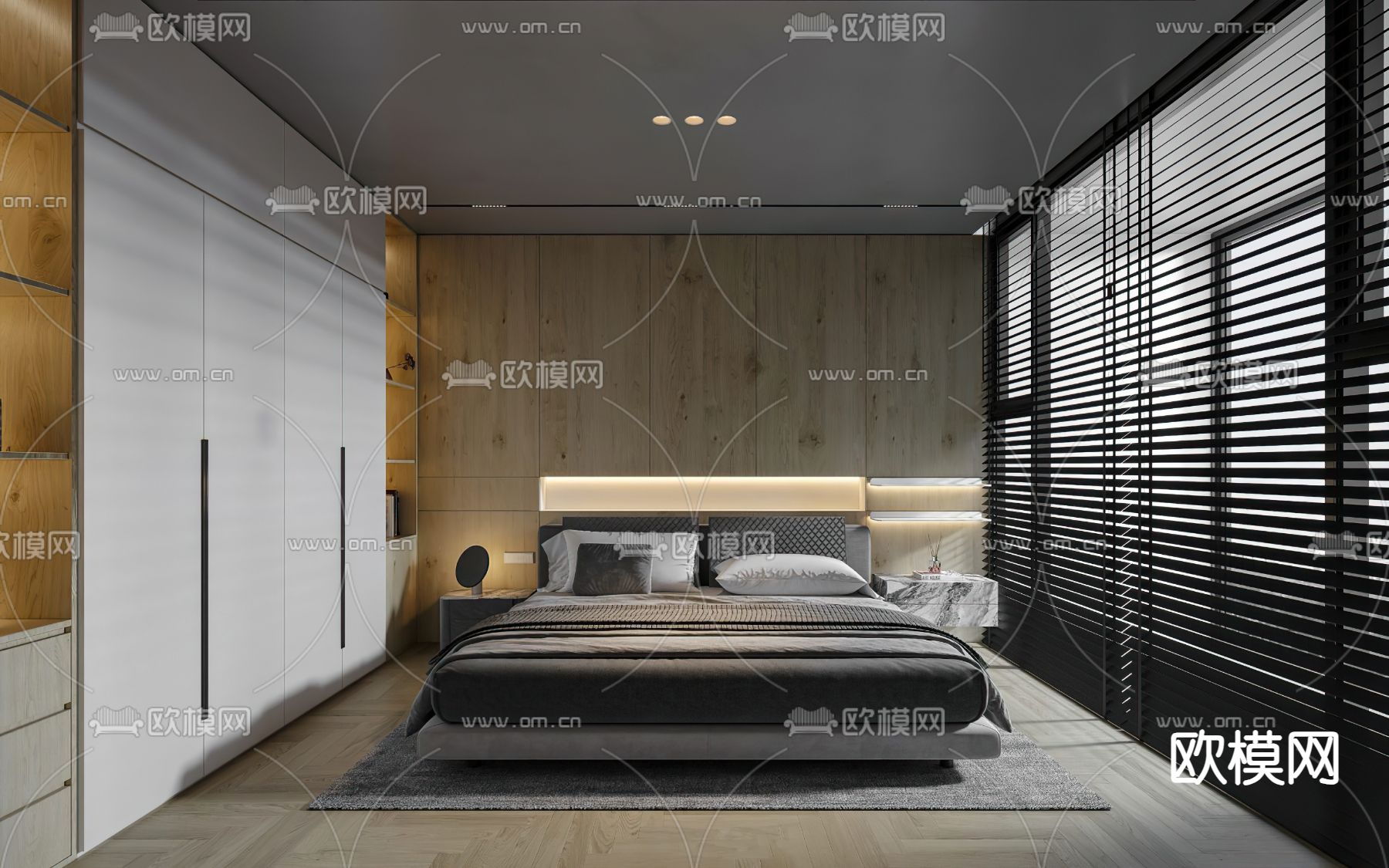 高级灰卧室免费3d模型下载（渲染图1）
