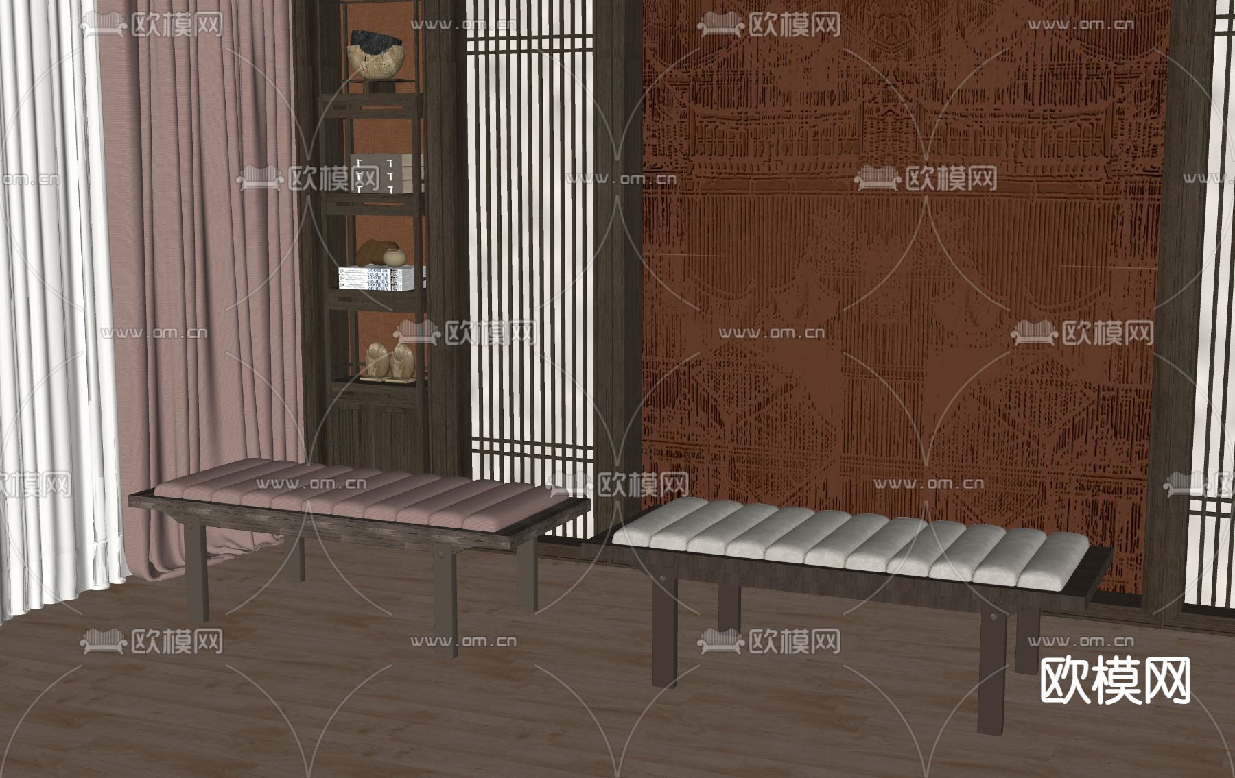 新中式沙发凳su模型下载（渲染图2）