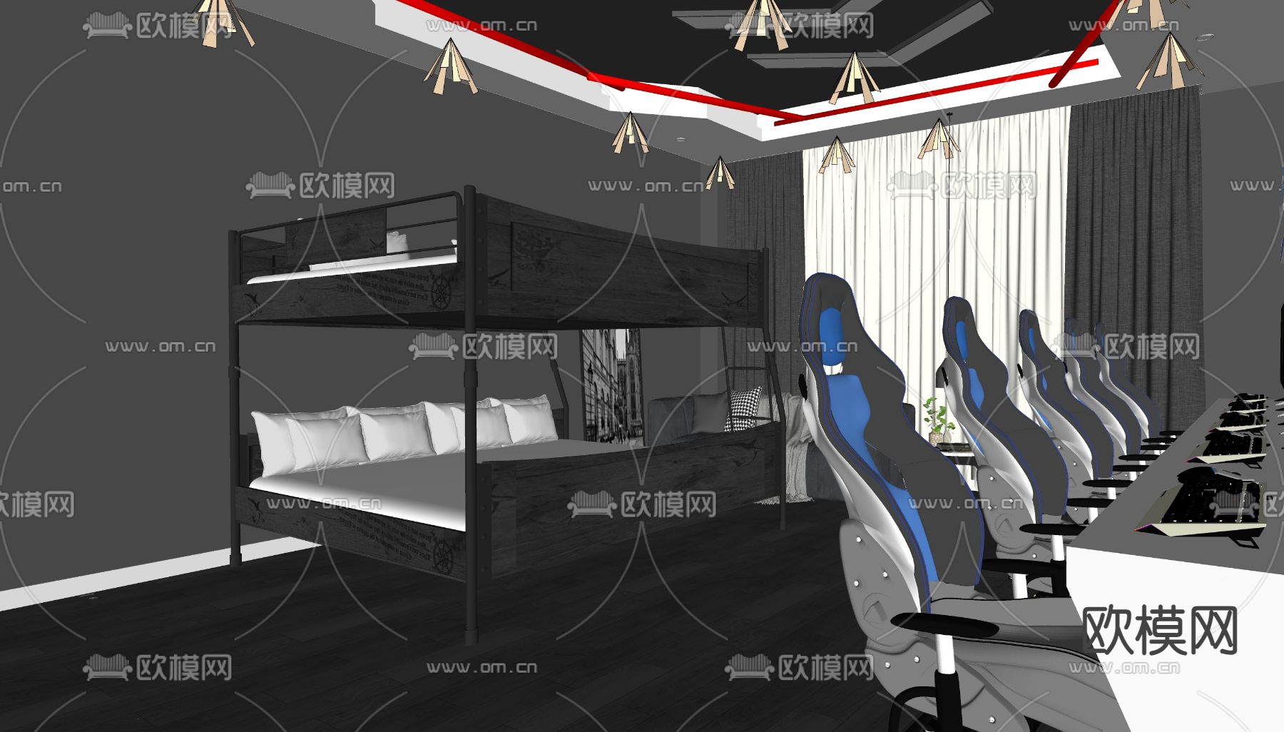 电竞酒店客房su模型下载（渲染图4）