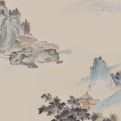  玄关 山水 山峰 松树 水墨 