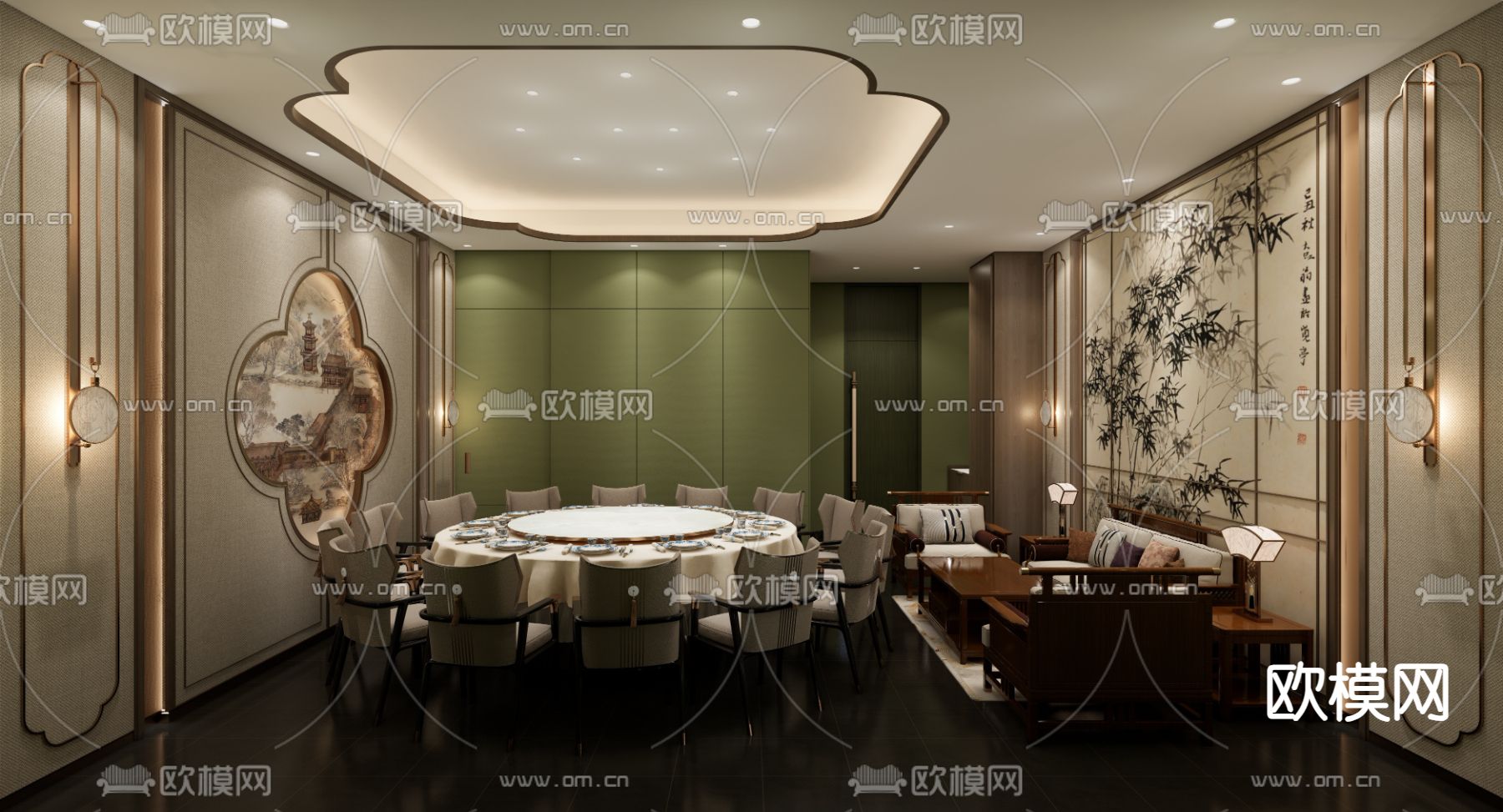 新中式包房su模型下载（渲染图1）