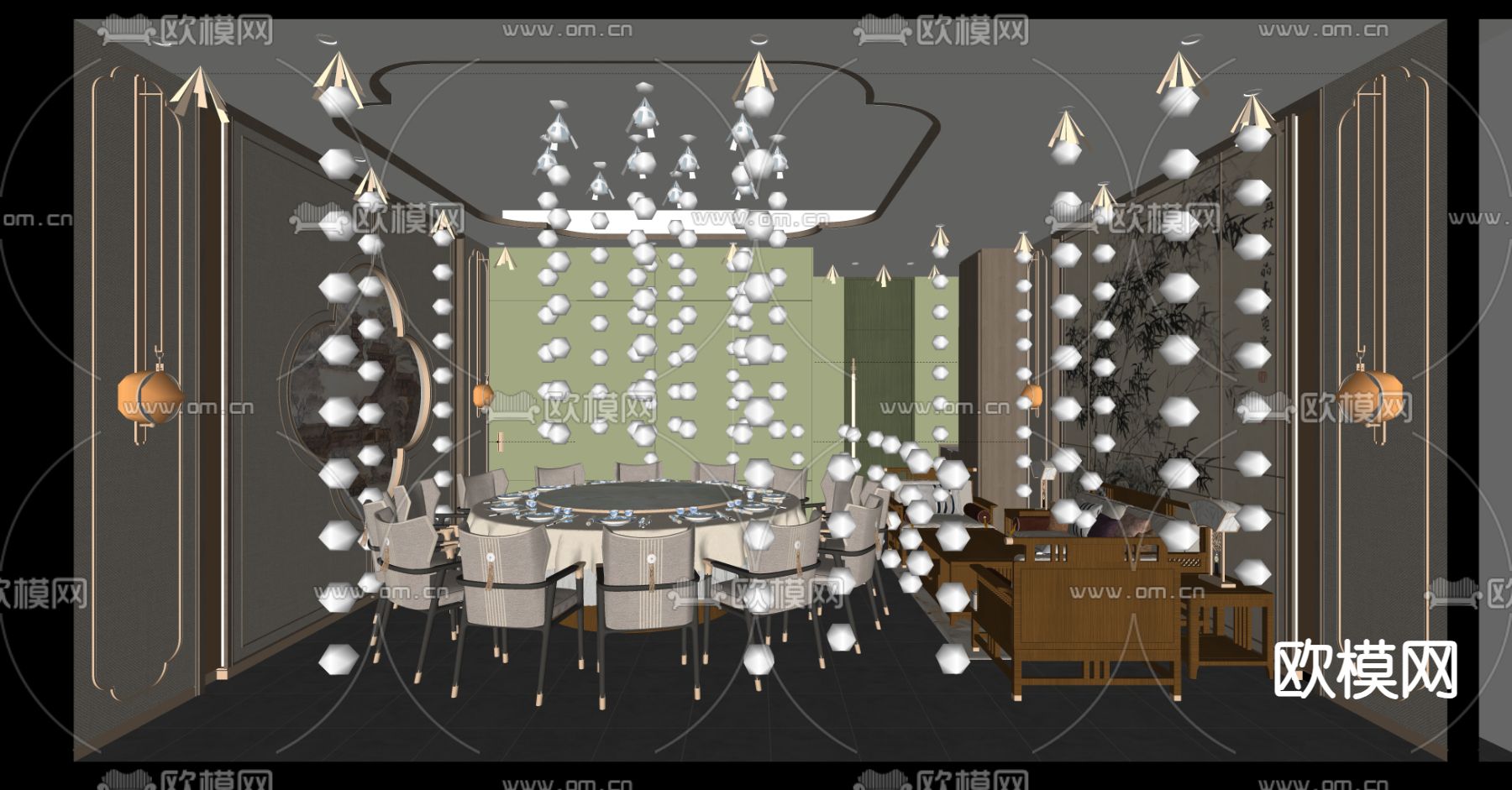 新中式包房su模型下载（渲染图2）