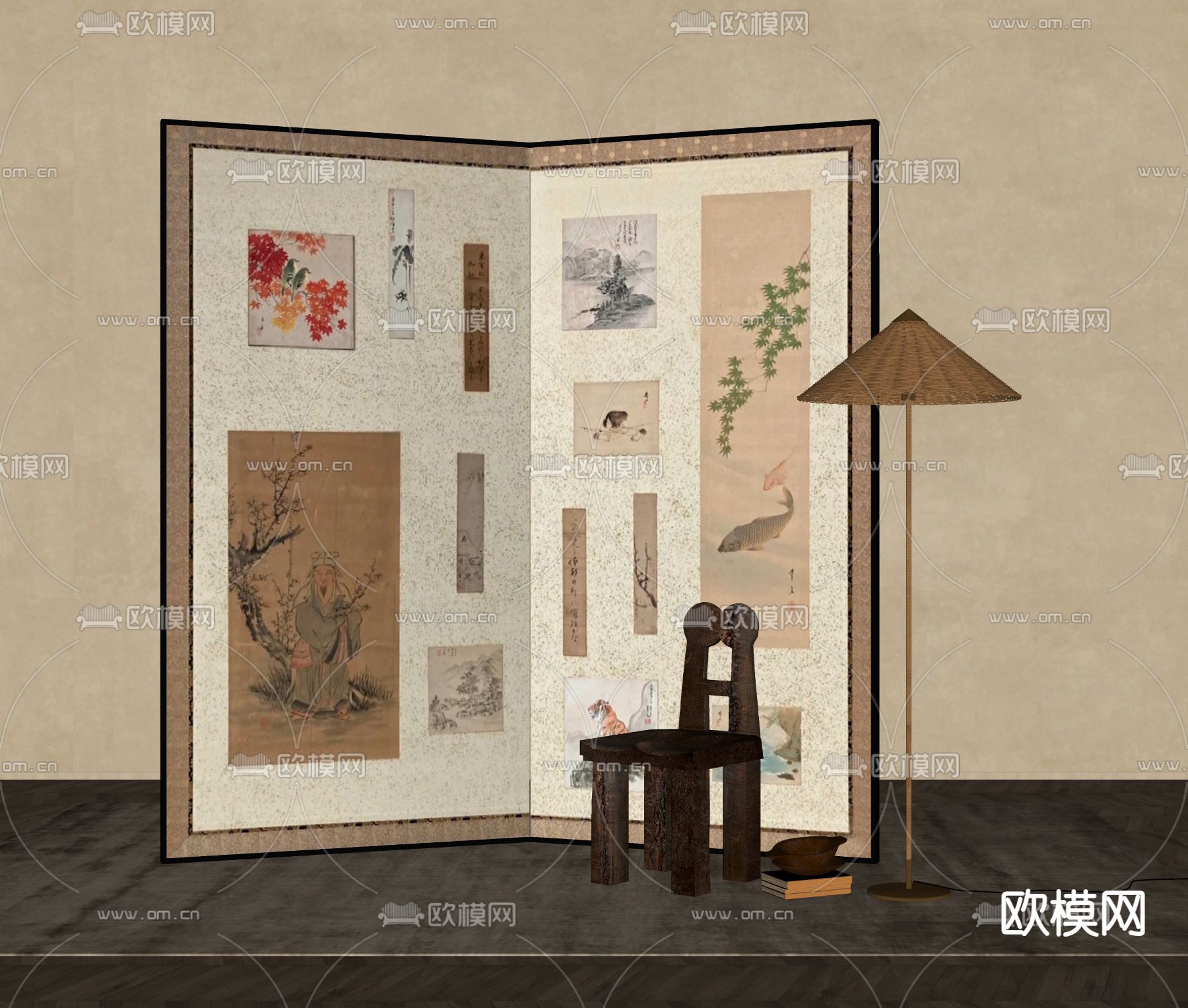 新中式屏风隔断su模型下载（渲染图2）