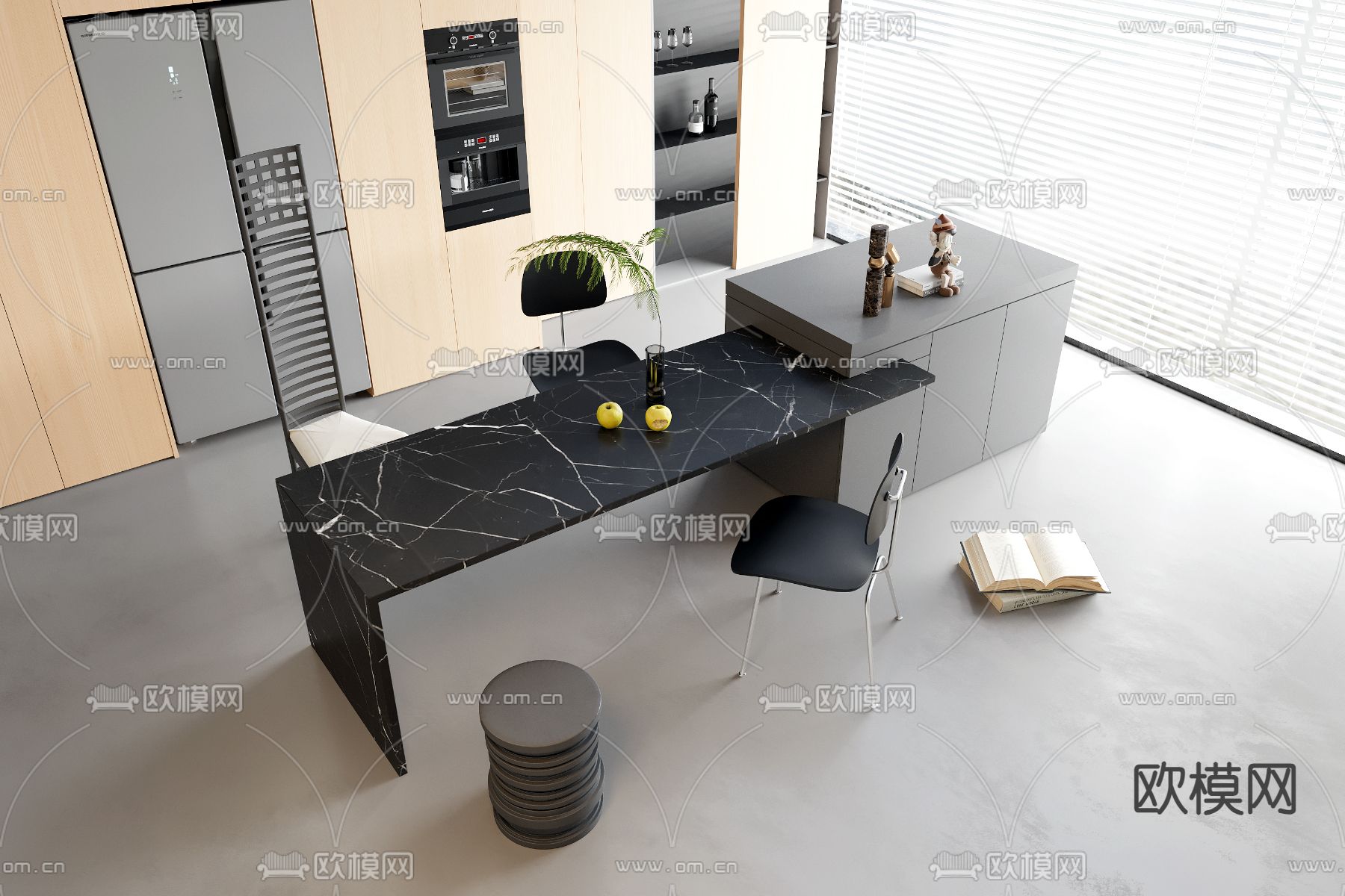 现代中岛餐桌椅su模型下载（渲染图1）