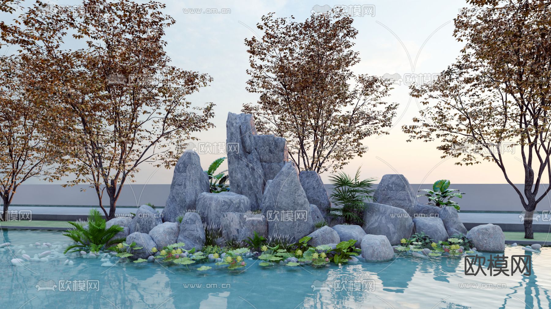 新中式景观小品 假山石头su模型下载（渲染图1）