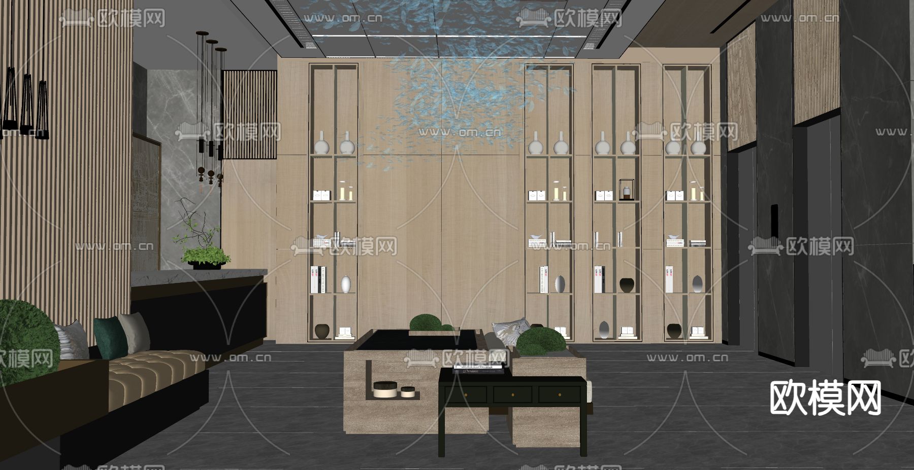 新中式酒店大堂 接待前台su模型下载（渲染图2）