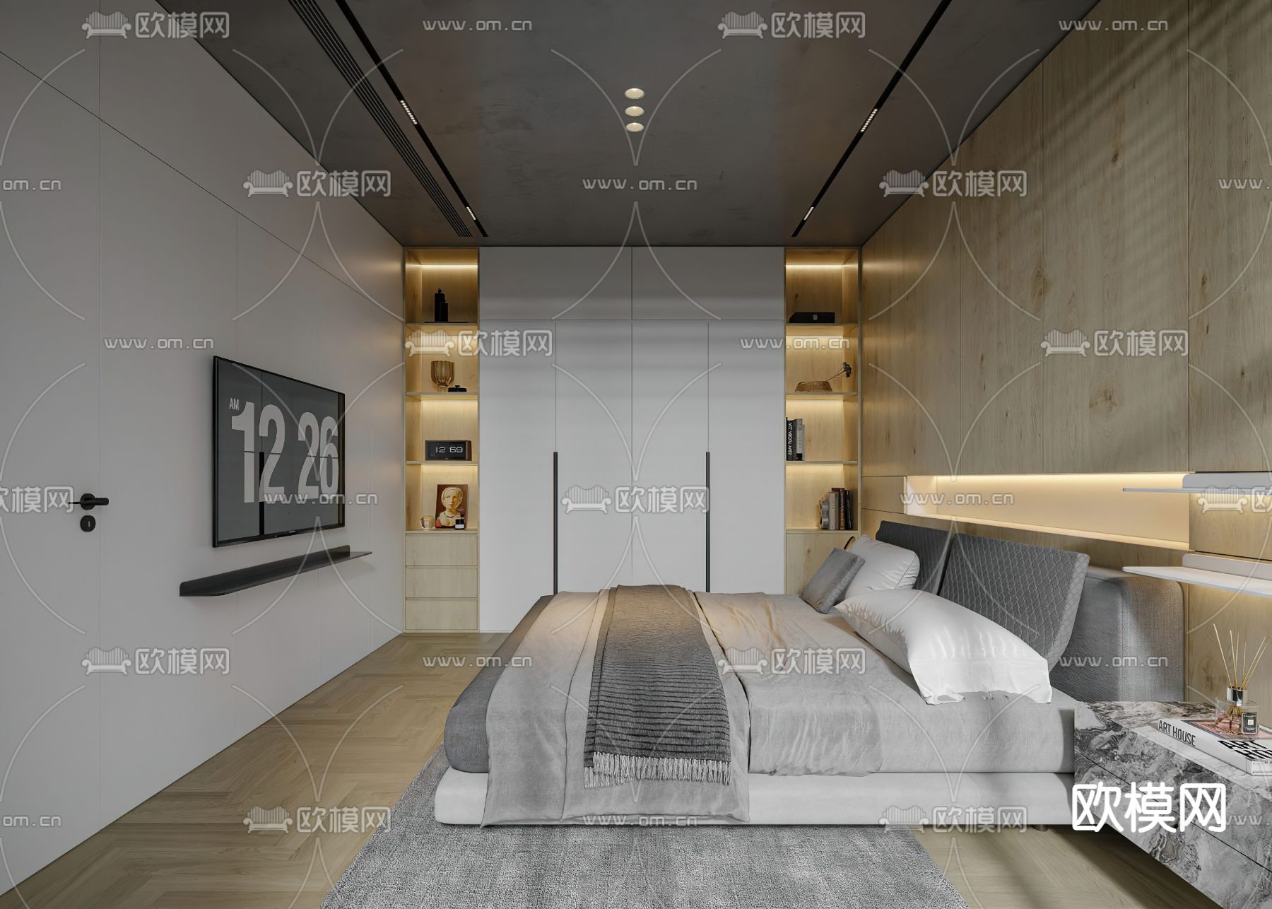高级灰卧室免费3d模型下载（渲染图2）