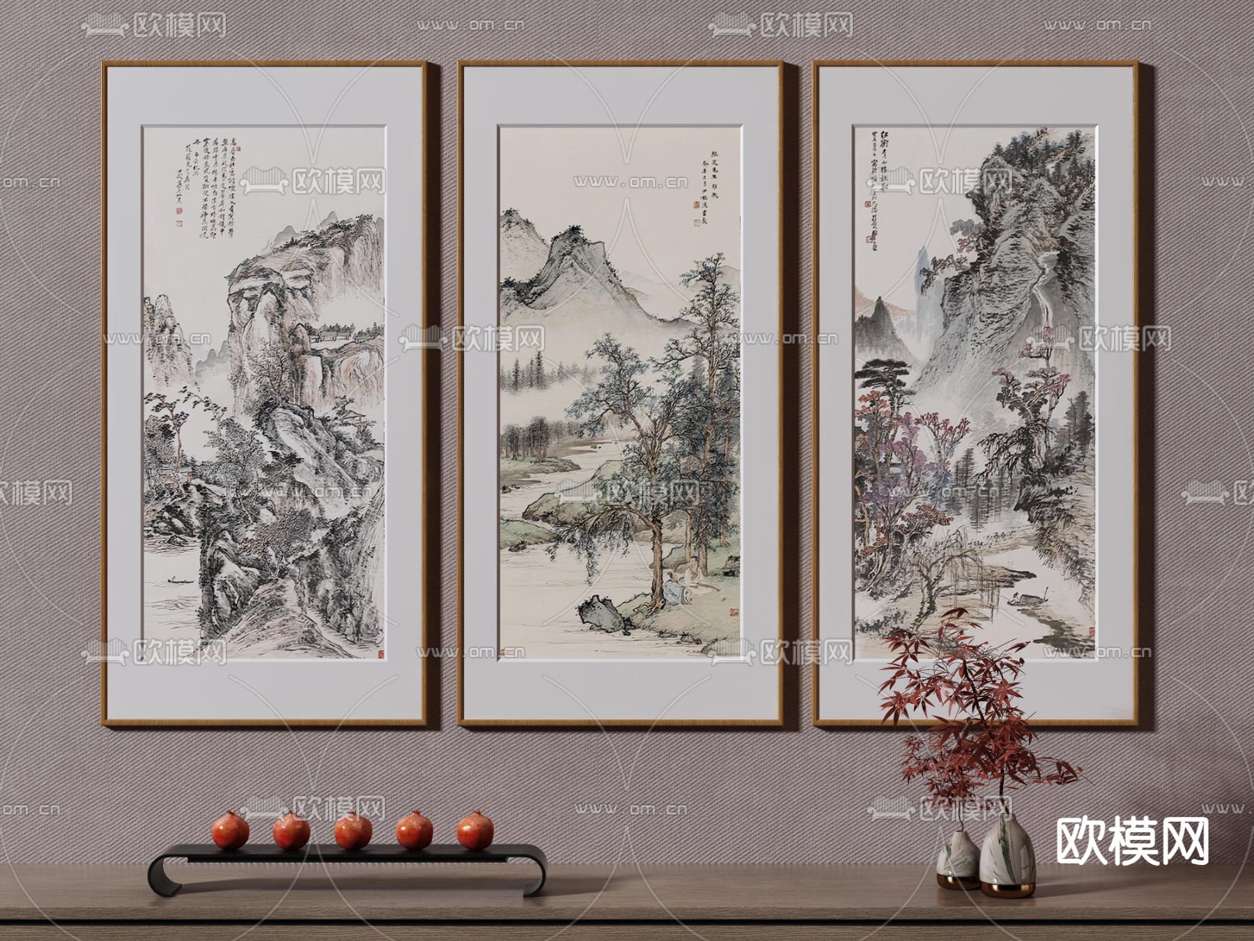 新中式国画 山水画 组合画3d模型下载