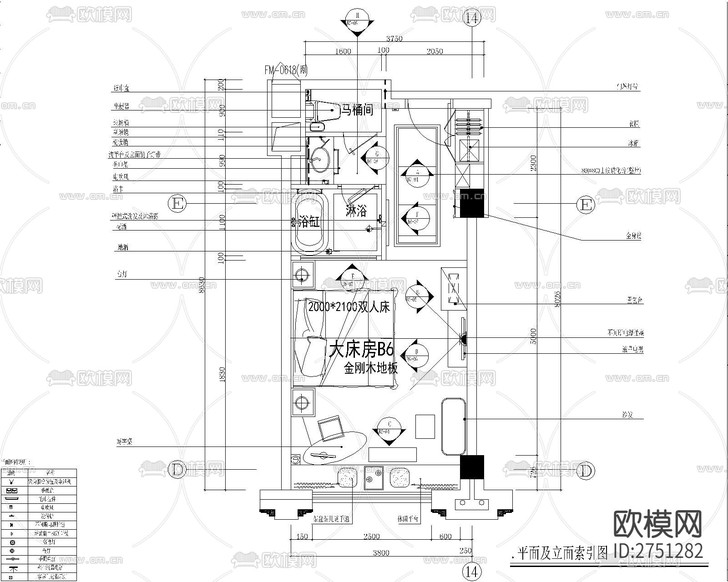 酒店大床房cad施工图下载(渲染图1)