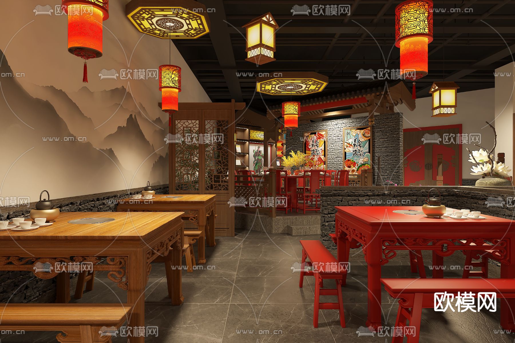 中式农家乐 火锅店3d模型下载（渲染图1）